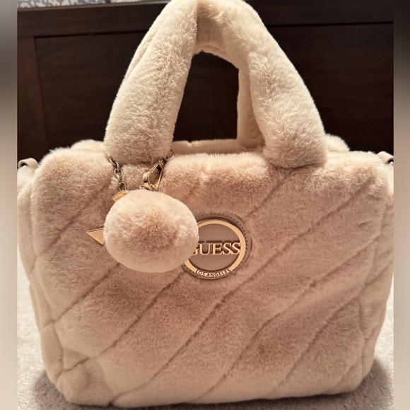 GUESS Faux Fur Quilted Satchel Bag with Pom-Pom – Beige – Never Used - Picture 1 of 12